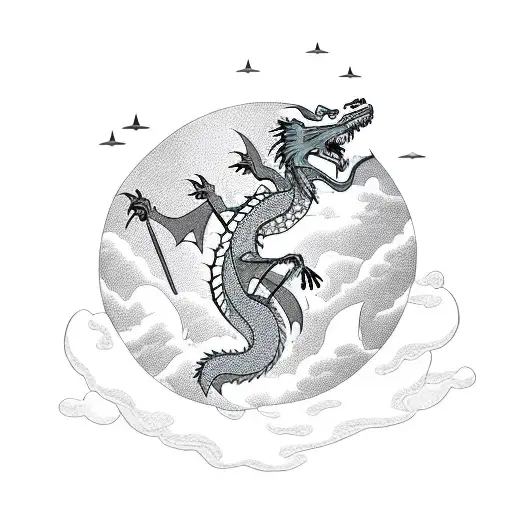 A Dragon Soaring Over A Mountain Peak In A Blackwork Style