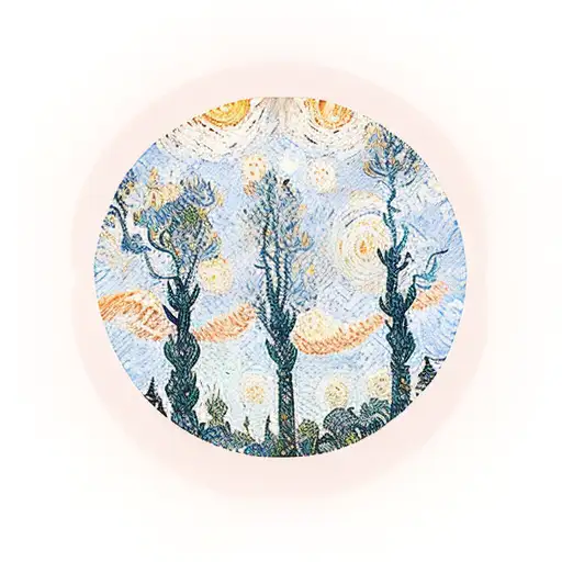 Silhouette Of Trees With A Van Gogh Style Sunset In The Background