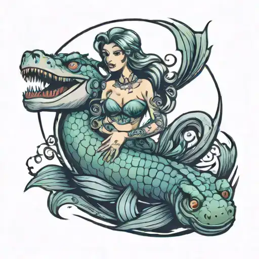 Mermaid With Large Breast And A Crocodile Swimming