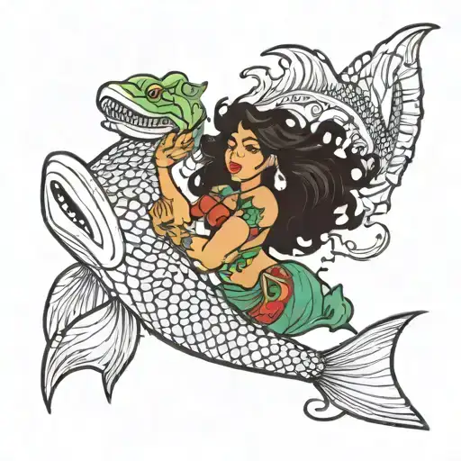 Hispanic Mermaid With Large Breast Swimming With Crocodile