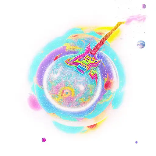 A Cosmic Guitar Floating In Space Surrounded By Colorful Planets