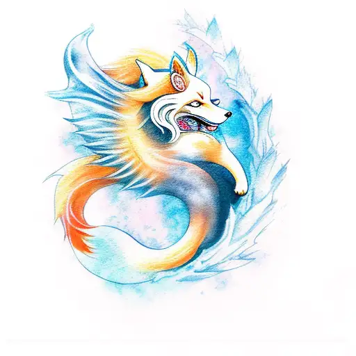 Okami Ninetails Fox Aquarelle