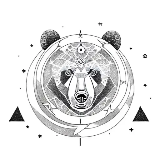 A Dotwork Tattoo Of A Bear Standing On A Bike With A Crescent Moon In The Background