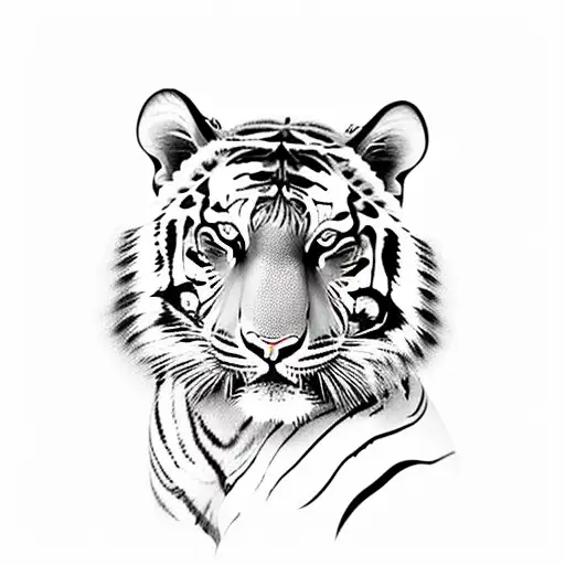 Full-length Tiger With A Butterfly For The Chest In Black And White Old School Style