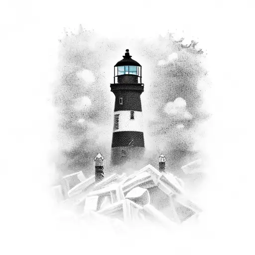 A Post-apocalyptic Scene With A Lighthouse Guiding Survivors Through The Chaos