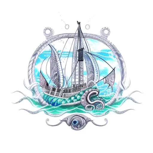 Nautical Kraken Octopus Shark Ship Sea