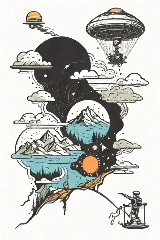 Mountains Panorama With Different Things Happening Around It Like Skiers And A Ufo Abducting Someone