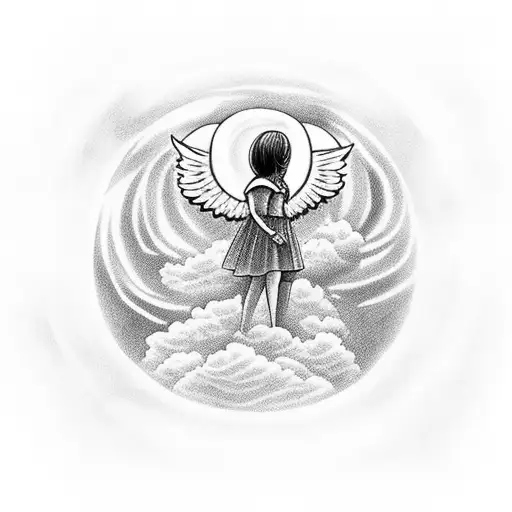 Angel Sleeping Above The Cloud In Front Of The Big Sun Linework