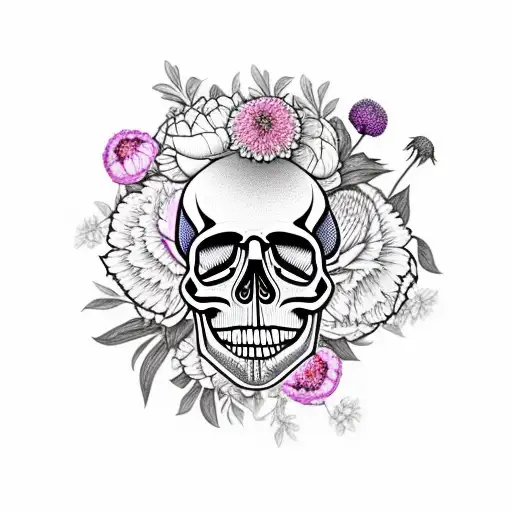 Skull With Dahlias And Peonies