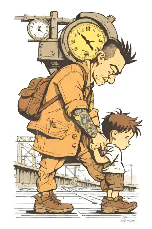 Father Hugging 3 Yr Old Son On Railraod Tracks With A Clock In Back Ground