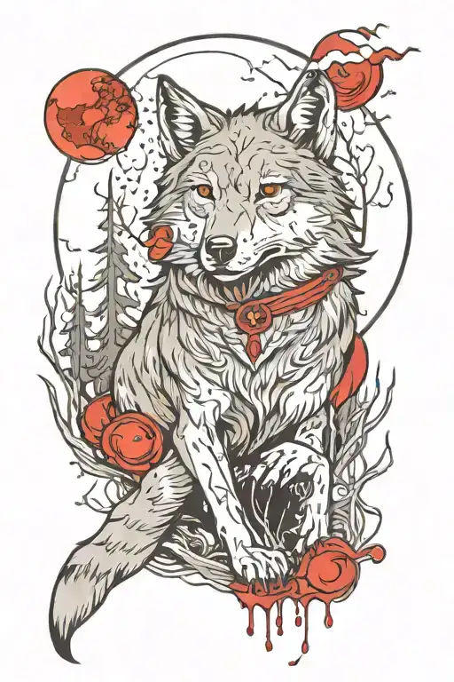 Wolf In Forest With Blood Moon Surrounded