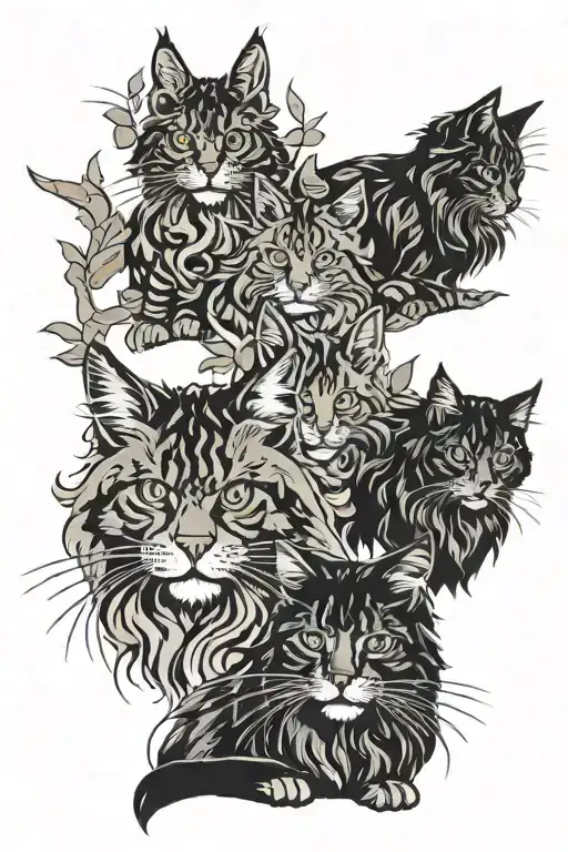 4 Maine Coon Cats In Forest