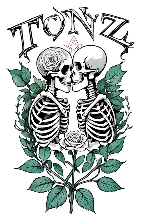 The Word 'Tonz' 2 Skeletons Kissing And Star Transforming Into A Rose