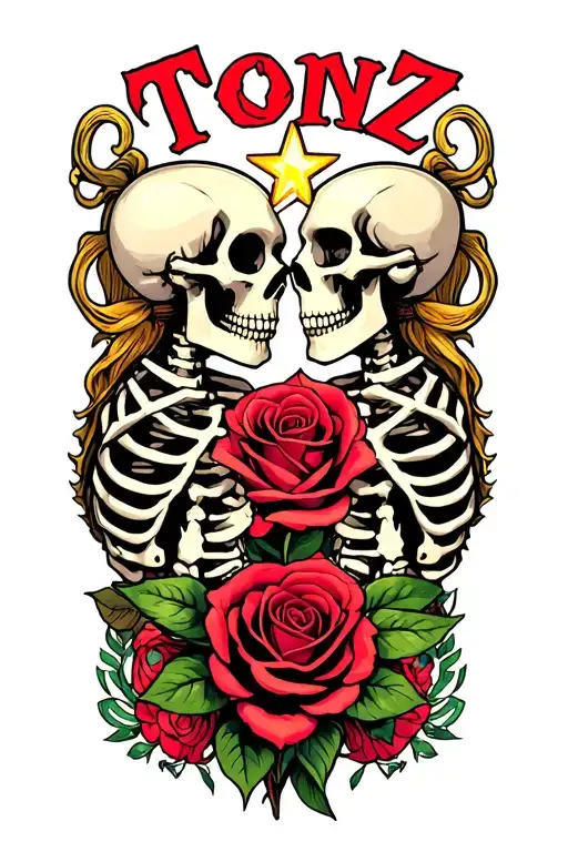The Word 'Tonz' 2 Skeletons Kissing And Star Transforming Into A Rose