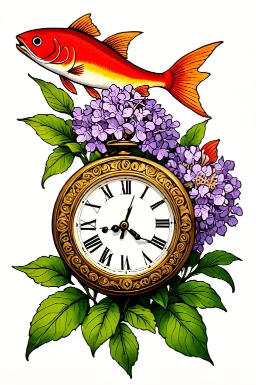 Clock And Lilac Flower And Red Fish