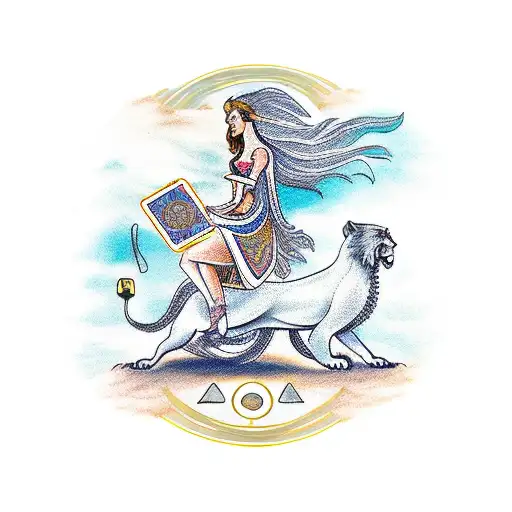 A Traditional-style Tattoo Of A Woman Gracefully Riding A Lion While Holding A Tarot Deck