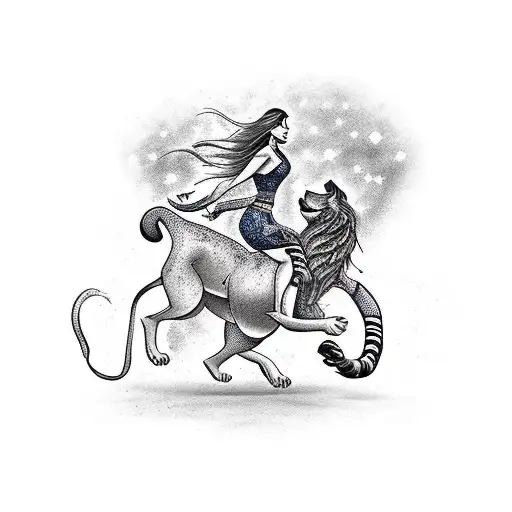 A Traditional-style Tattoo Of A Woman Gracefully Riding A Lion
