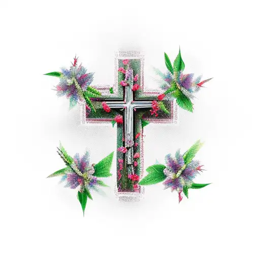 Christian Cross With Thorns And Flowers