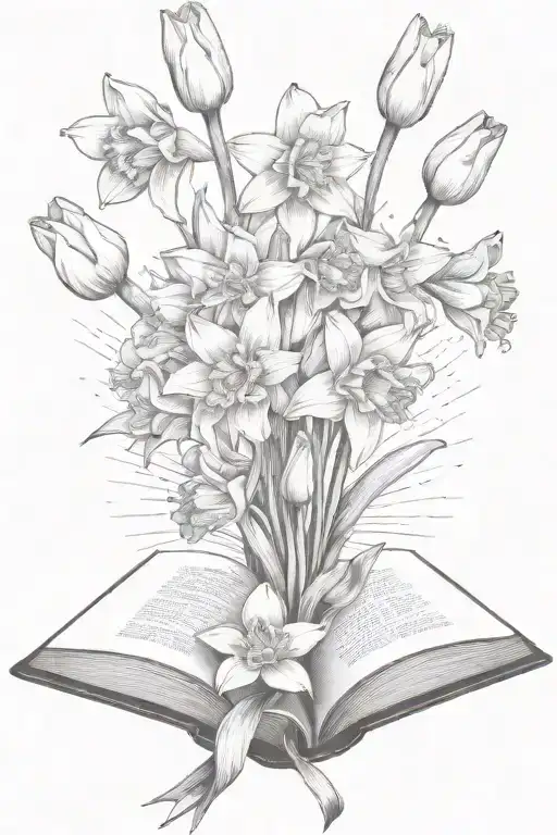 Daffodils And Tulips Bouquet Over An Open Book