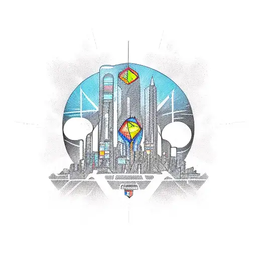 Illustrate A New-school Tattoo Showcasing A Futuristic Cityscape Inspired By Shinedown's Music