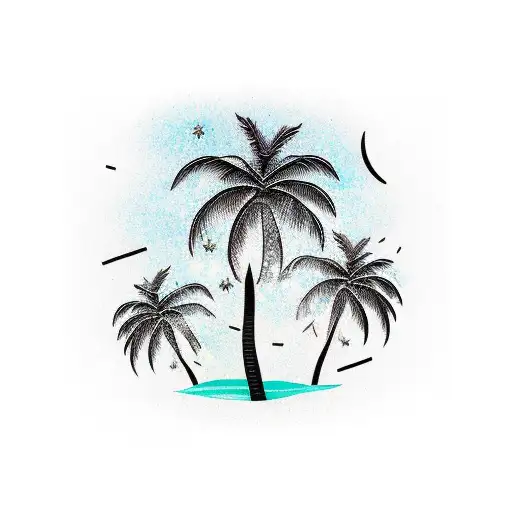 Forearm Tattoo With A Frame In Which There Are Two Realistic Palm Trees And One Colored Sun