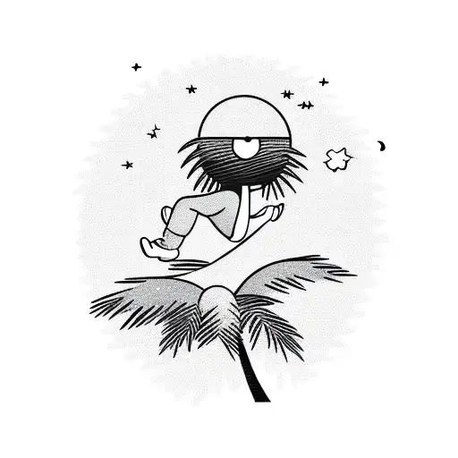 Boy Laying On A Palm Tree Looking At The Sunset