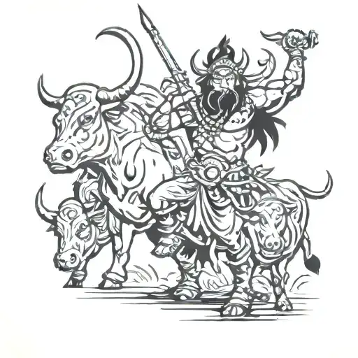 A Fierce Warrior With A Shiva Tattoo Defending A Herd Of Cows
