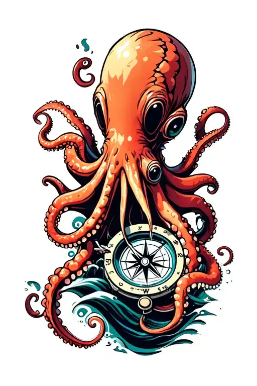 Mean Kracken Octopus In Ocean With Nautical Compass In Middle With Waves