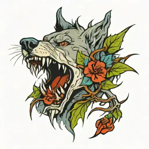 Dead Roses With Thorns Inside Wolfs Mouth With Thorns Cutting And Making The Wolf Bleed Blue Blood