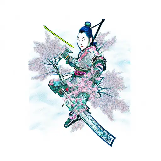 Cyberpunk Samurai Swinging Katana Under The Cherry Blossom Tree