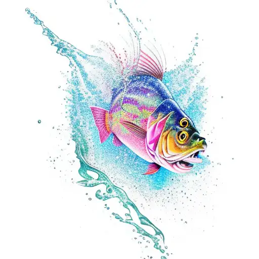 A Vibrant And Dynamic Tattoo Featuring A Bass Leaping Out Of The Water With Splashes All Around