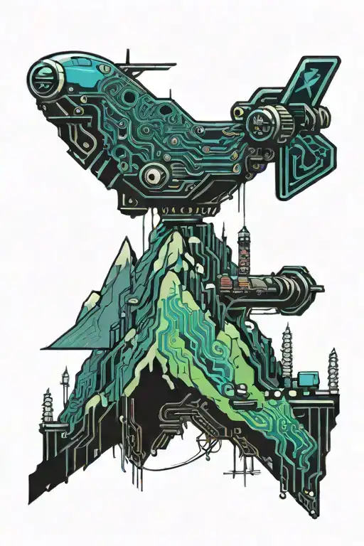 A Mountain Range Made Of Circuit Boards With A Spaceship Flying Overhead
