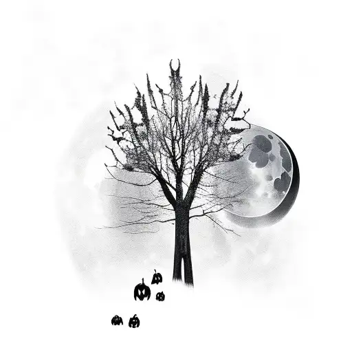 Haunted House With Ghost And Jack-o'-lanterns And A Moon And Spooky Trees And A Crow