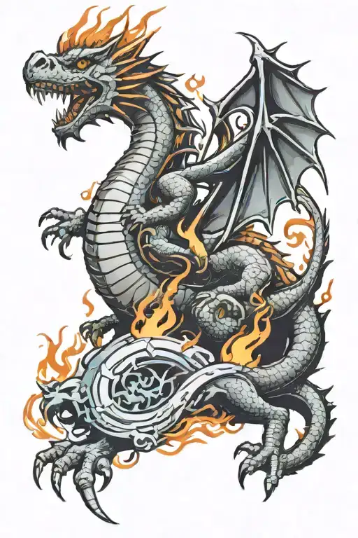 European Dragon With Fire And Castle Surrounded