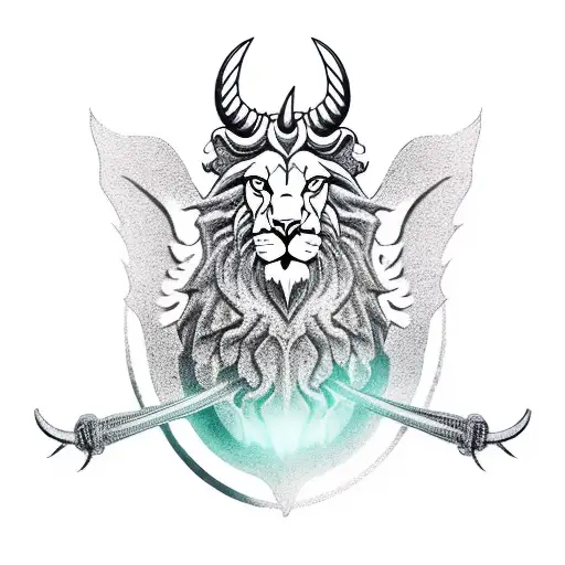 Horned Lion With Wings Standing On A Rock Roaring With Its Paw On A Warrior