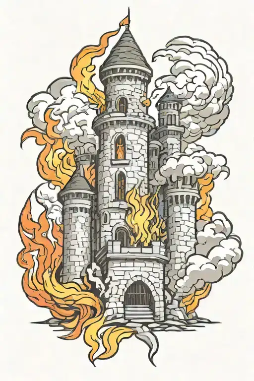 Castle Tower On Fire Rising