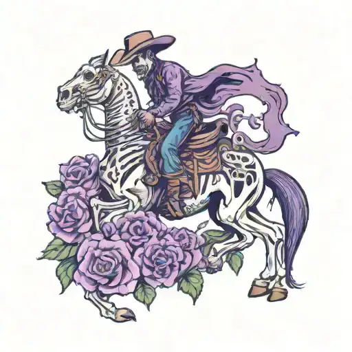Skeleton Cowboy On A Skeleton Bucking Horse Surrounded In Purple Roses