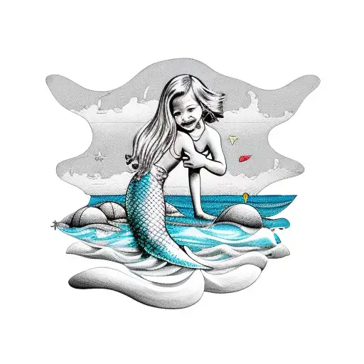 Whimsical Scene Of Kids Playing With A Mermaid At The Beach Tattoo