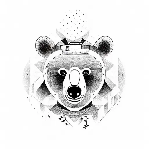 A Blackwork Tattoo Of A Bear Playing A Guitar Amidst A Lush Forest Backdrop