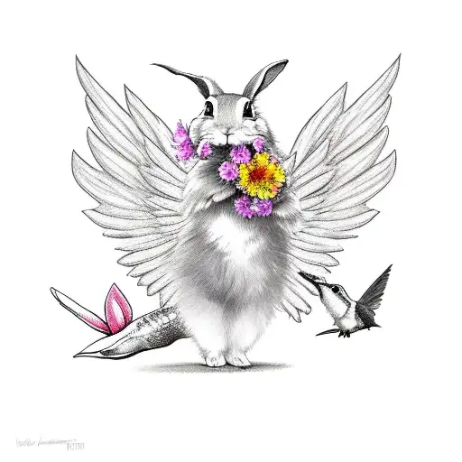 A Bunny With Wings Holding A Flower For A Hummingbird