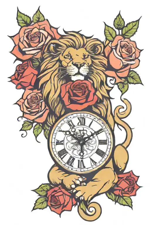 Lion With Roses And Clock Face