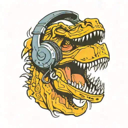 Raptor Dinosaur Head Profile Mouth Wide Open Showing Teeth Wearing Headphones Graffiti Style