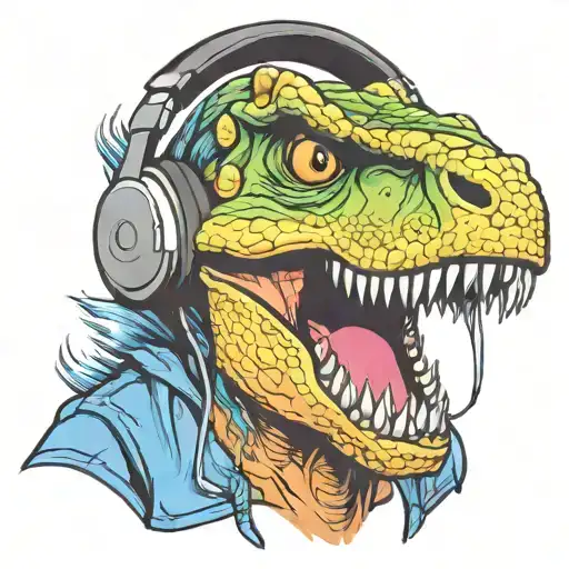 Raptor Dinosaur Head Mouth Open Showing Teeth Wearing Headphones Graffiti Style