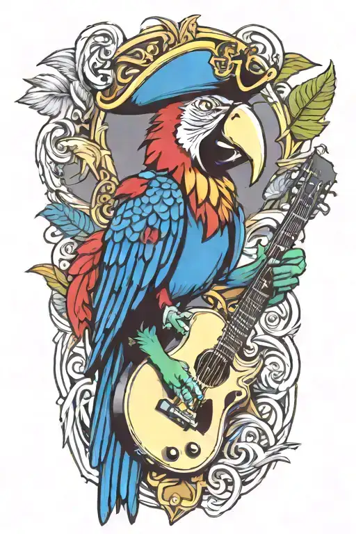 Parrot Pirate Hat Perched On Guitar
