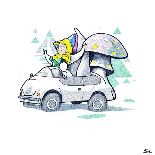 Gnome Riding In A Mushroom Car
