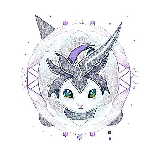 Mystical Blackwork Silhouette Of A Purple Espeon Perched On A Crescent Moon