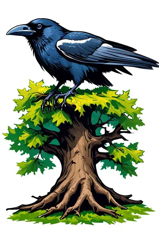 Raven On Top Of A Green Oak Tree