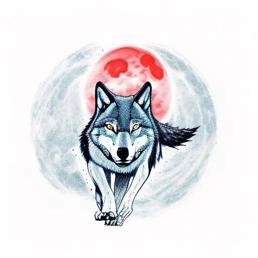A Wolf Running Through A Forest With Trees Silhouetted Against A Red Moon