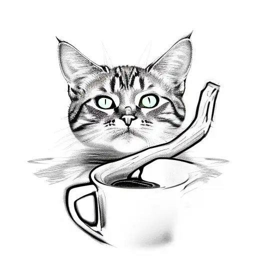 An Intricate Sketch Of A Cat Sitting On A Branch With A Coffee Cup In Its Paw