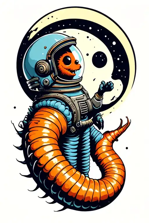 Wes Anderson Style Earthworm Wearing A Space Helmet Floating In Front Of The Moon